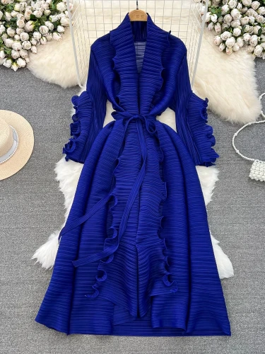 XFPV Women's Sweet Wood Ear Lace Design Lace Up Waist Pleated Dress Vestidos Y2k Korean Fashion Tide Spring Autumn 2025 SM8198