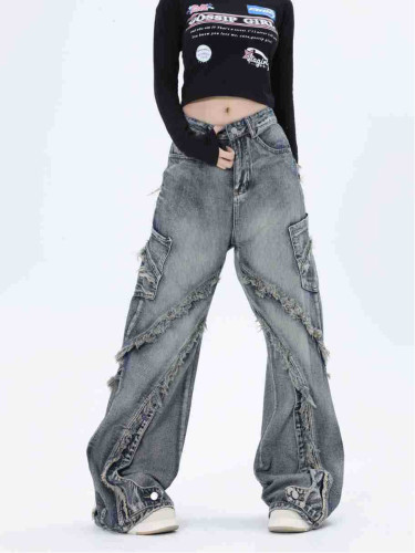EAM fashion rinsing pockets spliced high waist slim women's denim wide leg pants 2025 spring new tide DLZ1109