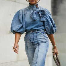 DEAT casual bow button spliced solid color puff sleeve pullover women's short denim shirt 2025 spring new fashion DLZ1101