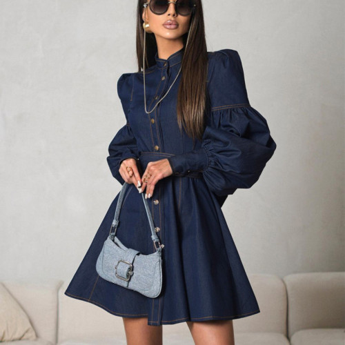 DEAT Causal Bow Lace-up Spliced Single Breasted O Neck High Waist Lantern Sleeve Solid Color Women's Mini Denim Dress 2025 Spring New Fashion DLZ1114
