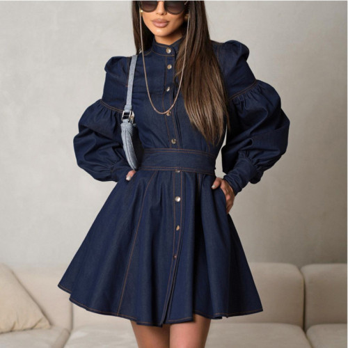 DEAT Causal Bow Lace-up Spliced Single Breasted O Neck High Waist Lantern Sleeve Solid Color Women's Mini Denim Dress 2025 Spring New Fashion DLZ1114