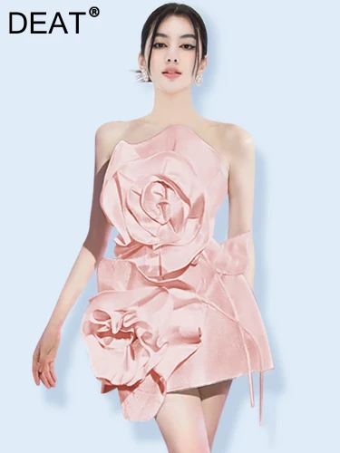 DEAT Stand Flowers Women Dress Slash Neck High Waist Short Style Elegant Wedding Party Clothing New 2024 Chic Style 15TT342