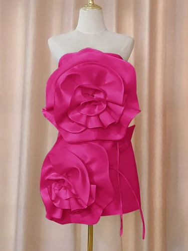 DEAT Stand Flowers Women Dress Slash Neck High Waist Short Style Elegant Wedding Party Clothing New 2024 Chic Style 15TT342