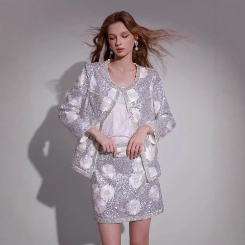 DEAT elegant 2 pcs set diamonds flower sequins spliced cardigan long sleeve top mini slim skirt womne's suit 2025 spring new fashion GD481815