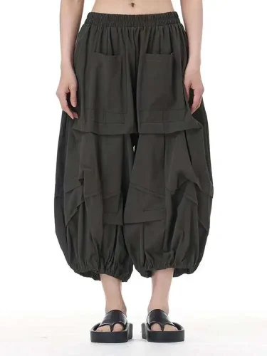 [EAM] High Elastic Waist Khaki Topstitched Pleated Wide Leg Pants New Trousers Women Fashion Tide Spring Autumn 2025 1DH9548
