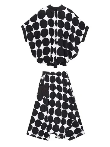 EAM Big Size Dot Shirt Wide Leg Pants Two Piece Suit New Stand Collar Short Sleeve Women Fashion Spring Summer 2025 1DH5143
