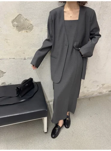 [EAM] Office Lady 2 Piece Set For Women Single Button Suit Jacket+solid Color Camisole Skirt Female Sets