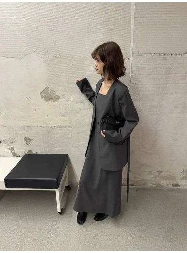[EAM] Office Lady 2 Piece Set For Women Single Button Suit Jacket+solid Color Camisole Skirt Female Sets