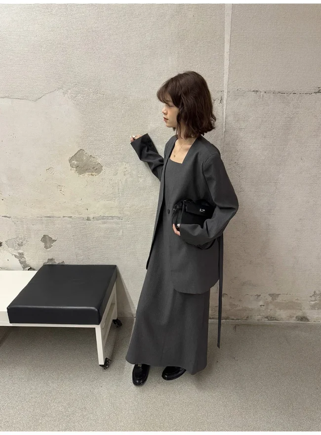 [EAM] Office Lady 2 Piece Set For Women Single Button Suit Jacket+solid Color Camisole Skirt Female Sets
