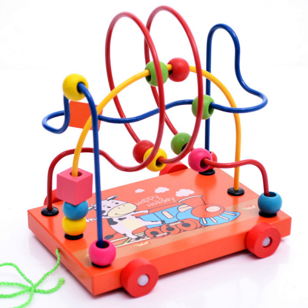 Kids Chidren Wooden Cartoon Print Wire Maze Roller Coaster Drawstring Pull Car Toys Gift Math Counting Circle Beads Abacus Educational Toys