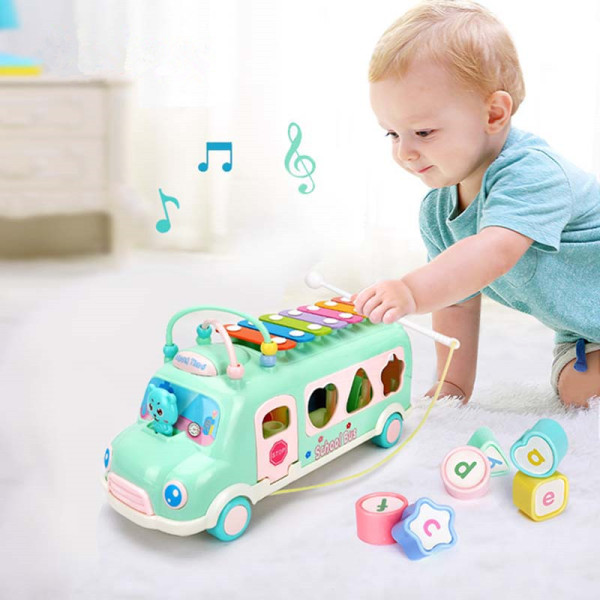 Baby Kids Musical School Bus Toys Car with Percussion Piano Matching Puzzle Blocks Circle Beads