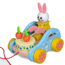 Wooden Cute Rabbit Beat Drum Drawstring Hauling Car Toddler Toys