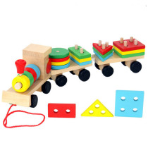 Children Wooden Drag Geometric Shape Building Blocks Train Toys Early Learning Gifts
