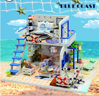 Blue Coast Beach Villa Model Dollhouse Miniature Furniture DIY Kit With LED Lights Wood Toy Dolls House Handmade Birthday Gift