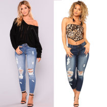 6032 women ripped jeans high-elastic ninth jeans pant