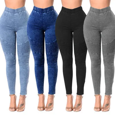 249 hot sell crumpled high-waisted women ladies' jeans