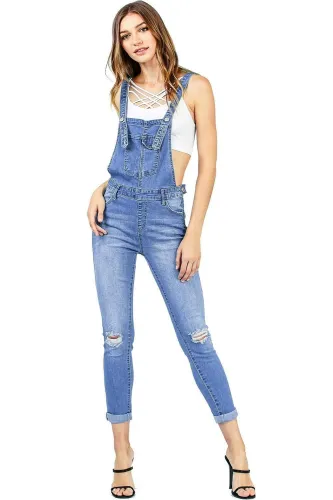 6055 women ripped hip strap with rolled edge jeans Dungarees