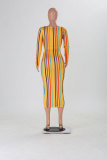 2381 women banding stripe print long dress