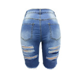 6024 women high elastic holes beggar jeans short