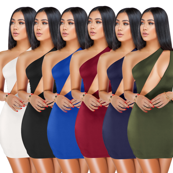 2399 women spring  six colors one-shoulder sexy dress