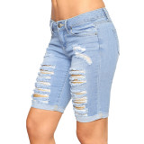 6023 women high elastic holes beggar jeans short