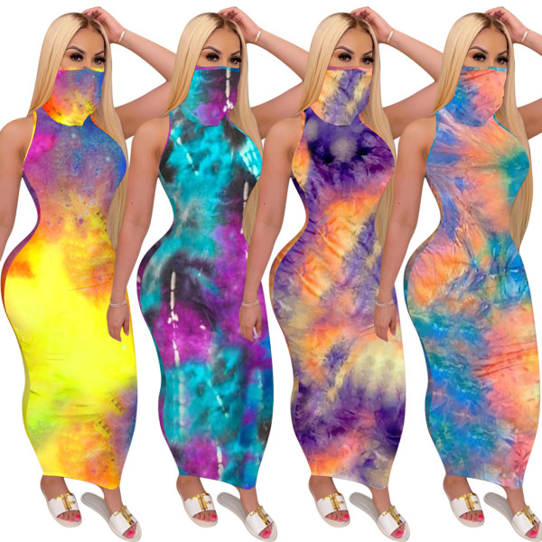 Sexy women tie dye maxi dress 4033 (Include the face mask )
