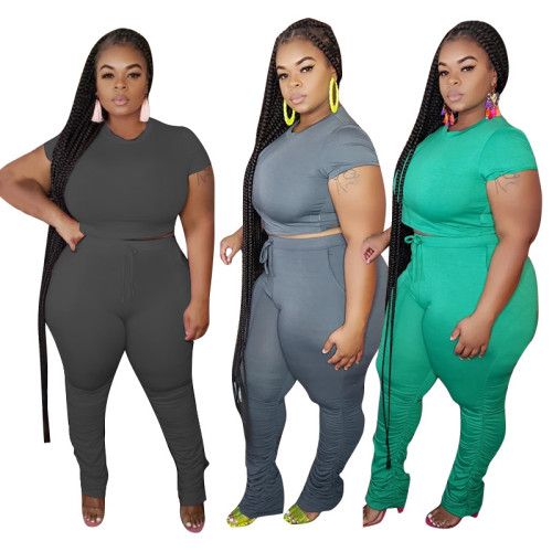 plus size short two piece stacked pants set 20735