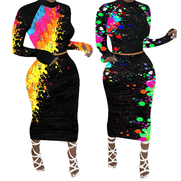 long sleeve printed women two piece skirt  set Q655