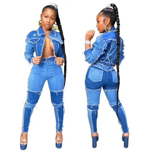 Women 2 pieces denim jacket and jeans set LD8773