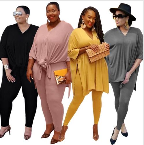 v-neck plus size two pcs pants set 20834