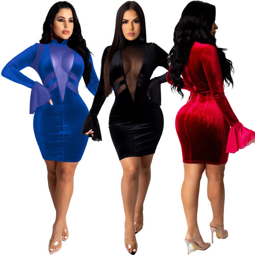 sexy long sleeve velvet dress  2623