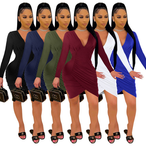long sleeve v-neck stacked women dress 2660
