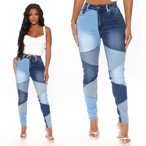 high waist demin patchwork pants 9079