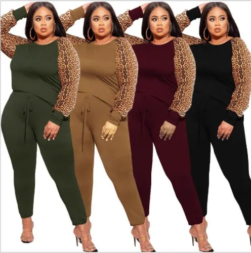 plus size two piece leopard pants set 21279