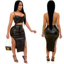 faux leather 2 piece skirt set for women LD81087