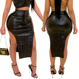 women skinny midi long leather skirts LD81087-1