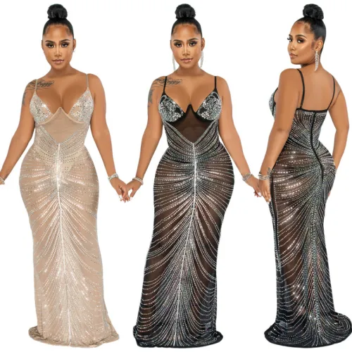 rhinestone  mesh maxi dress 21508