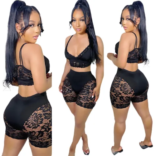 hallow out lace two piece short set  S390357