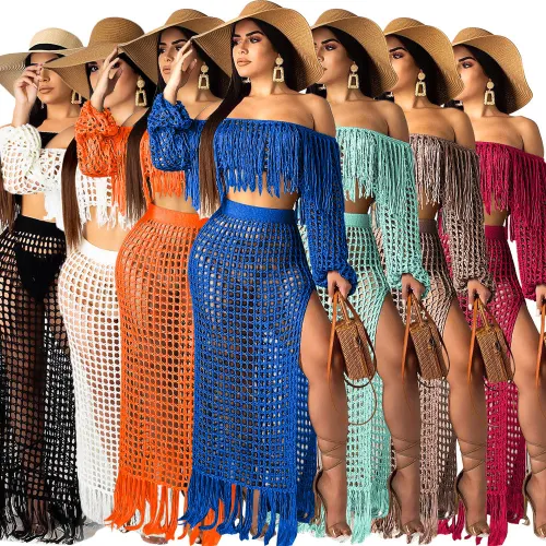 two piece beach knit tassel cover up skirt set S3554