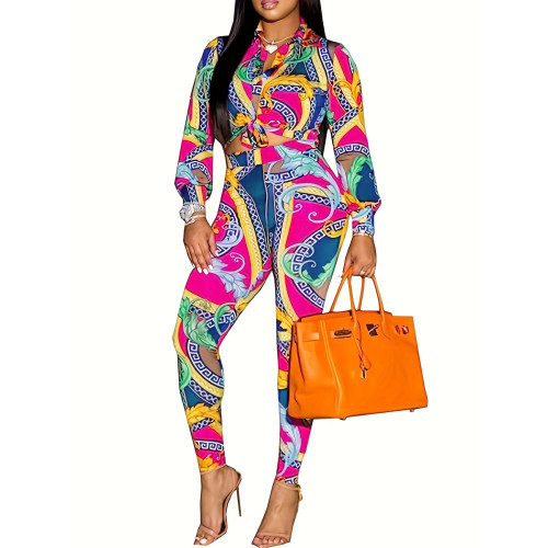 sexy long sleeve printed two pieces set S390693