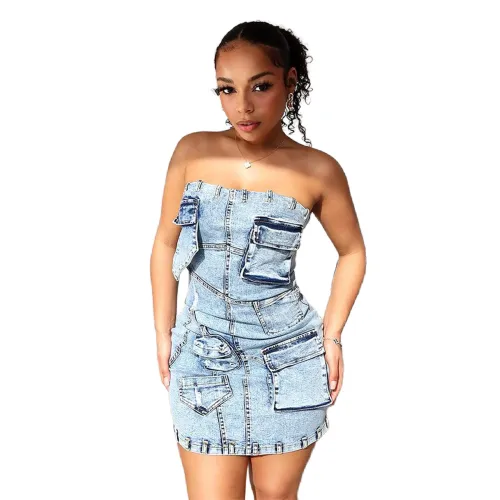 Summer cargo strapless denim dress F88557