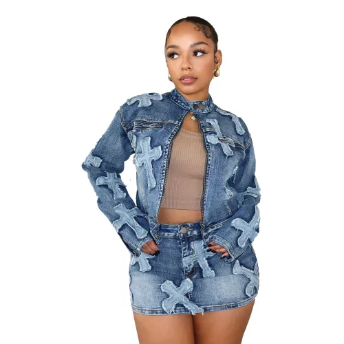Spring jacket with denim skirt set F88539