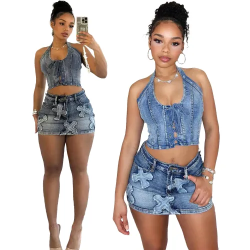 sleeveless halter  jeans skirt set   CM8717