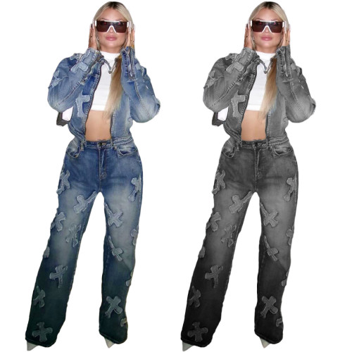 women two piece jeans pants set   CM8710