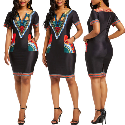 v-neck women printed  dress 12132