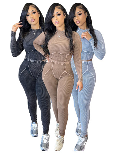 Ladies acid wash two pieces outfits HR24043