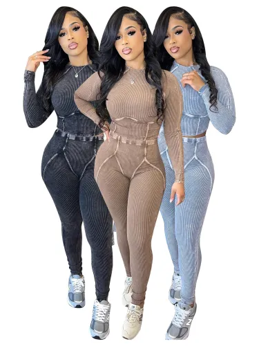 Ladies acid wash two pieces outfits HR24043
