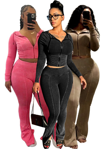 Ladies acid wash two pieces outfits HR24063
