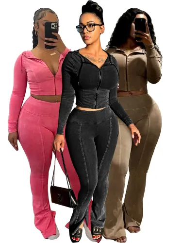 Ladies acid wash two pieces outfits HR24063