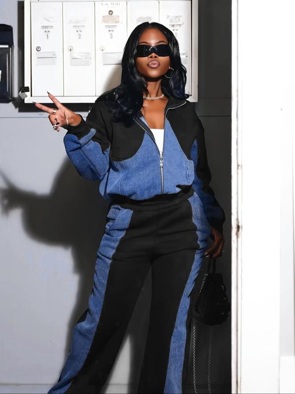 two piece patchwork jeans pants set S391297